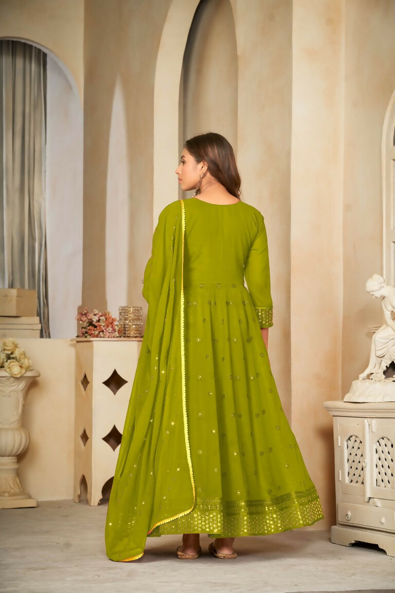 Mehendi Georgette Embroidered Anarkali Kurta Pant Set with Dupatta