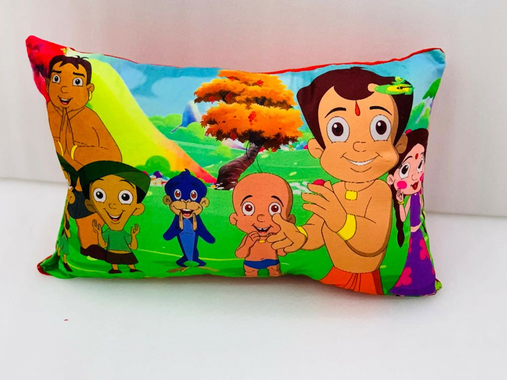 Decorative throw cushion for kids featuring a green and orange Chota Bheem tree design.