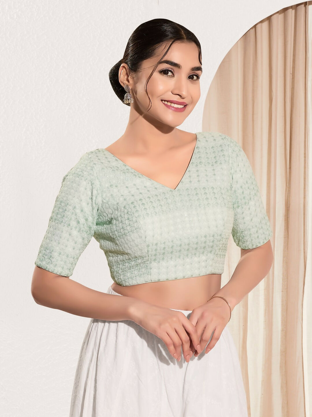 Joban Fashion Pista Green Crochet Padded Blouse With V Neck Elbow Sleeves