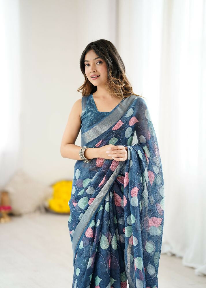 Dark Blue Linen Patta Printed Saree with Coordinating Blouse