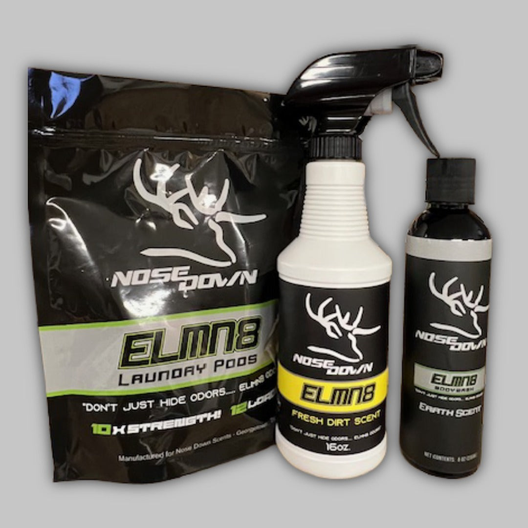 ELMN8 Super Slam Scent Control Kit featuring black, white, and neon yellow packaging for outdoor odor management.