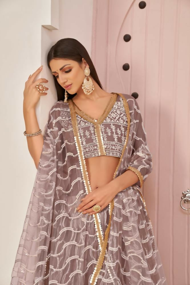 Onion Pink Butterfly Net Lehenga with Zari and Sandwich Sequence Work