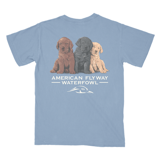 Unisex washed denim blue cotton t-shirt featuring a dog graphic for outdoor enthusiasts