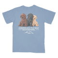 Unisex washed denim blue cotton t-shirt featuring a dog graphic for outdoor enthusiasts