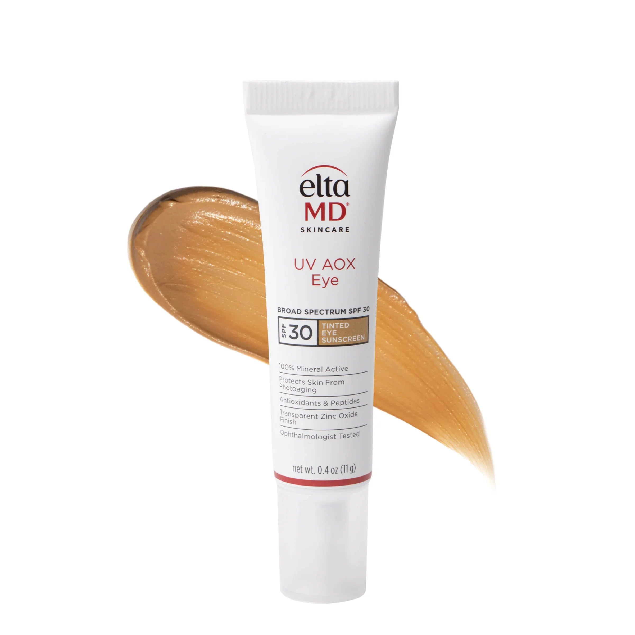 EltaMD UV AOX Eye Broad Spectrum SPF 30 tinted mineral sunscreen in white and bronze tube.