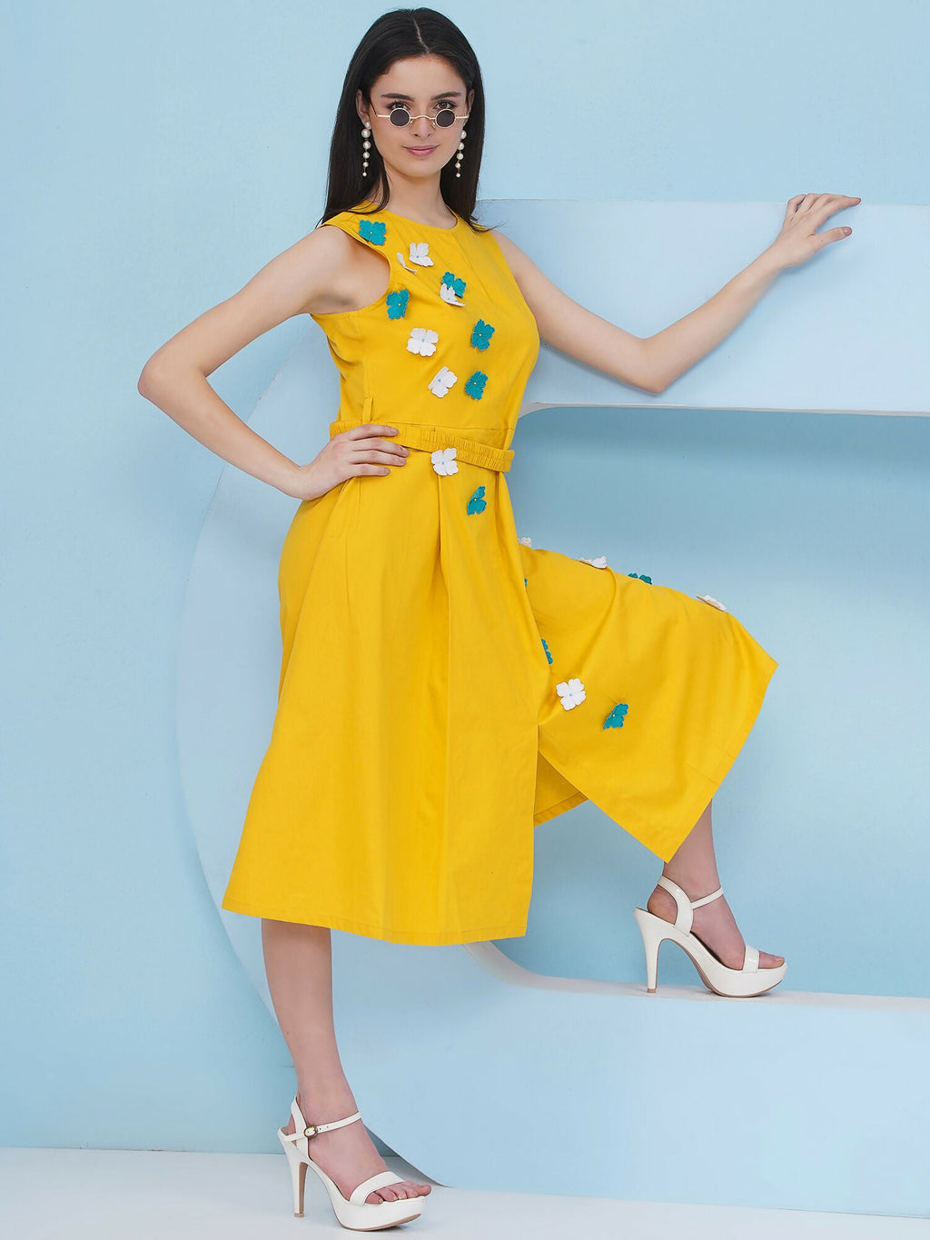 Yellow Dress with 3D Flower Embroidery and Belt