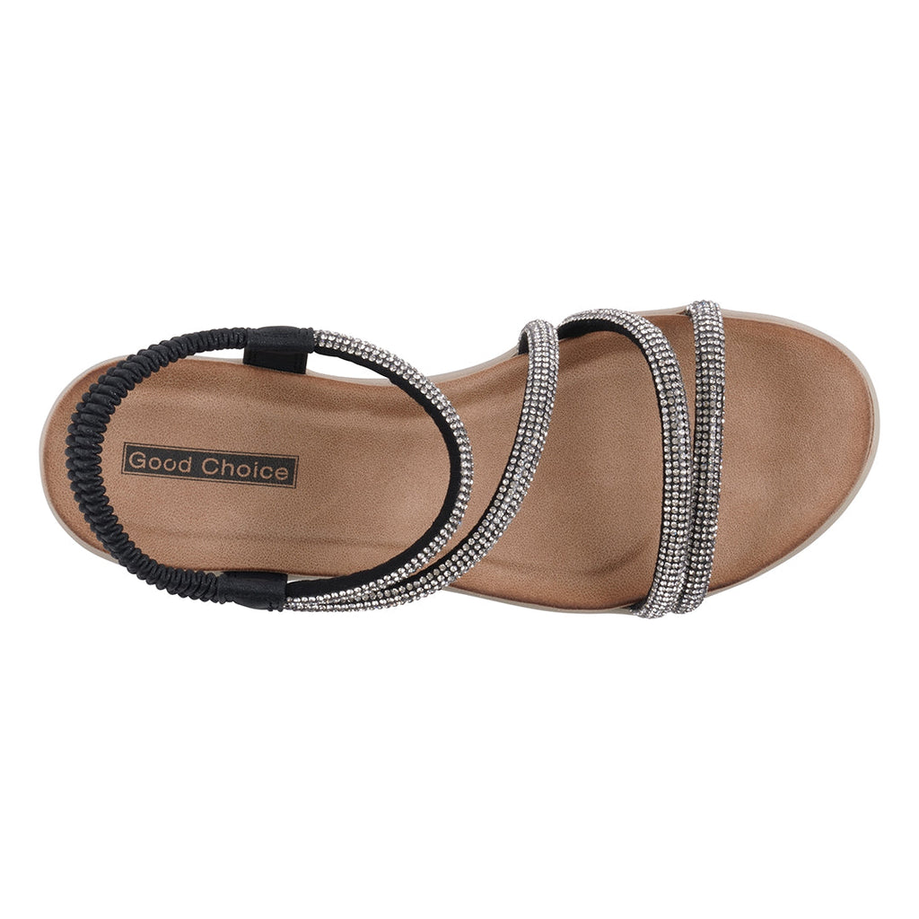 Women's Black Embellished Wedge Sandals with Comfortable Heel
