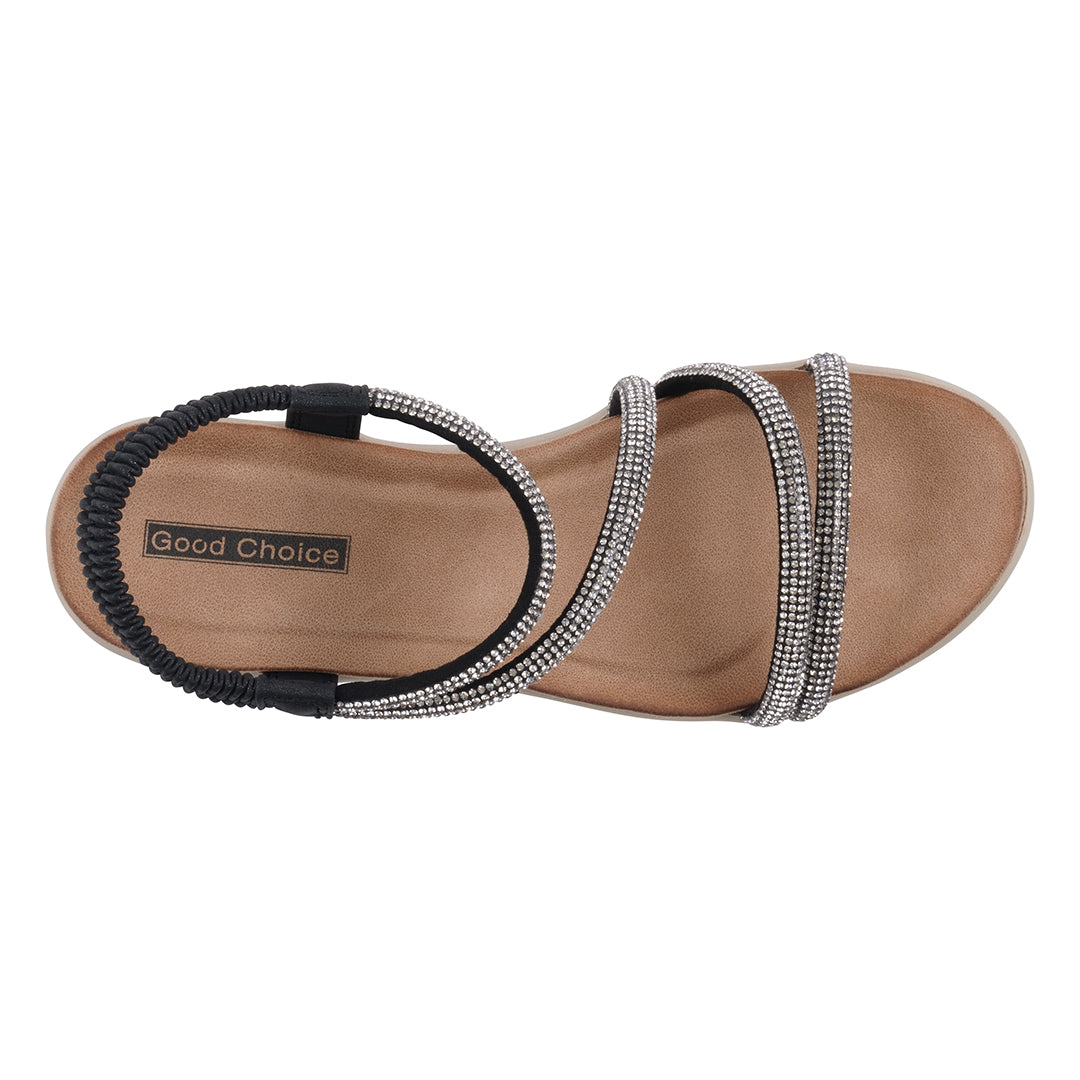 Women's Black Embellished Wedge Sandals with Comfortable Heel