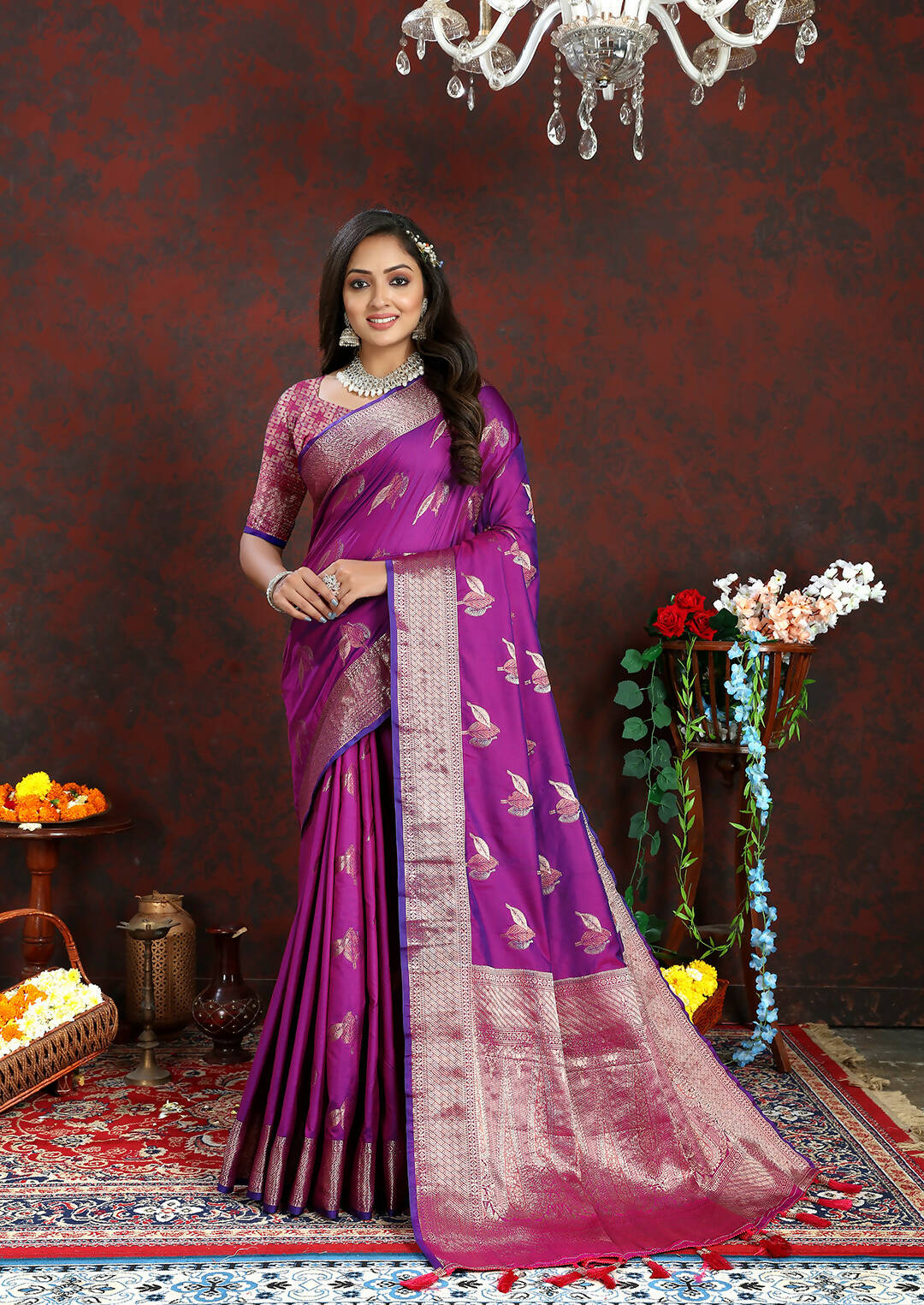 Elegant Purple Soft Silk saree featuring Zari weaving and matching blouse