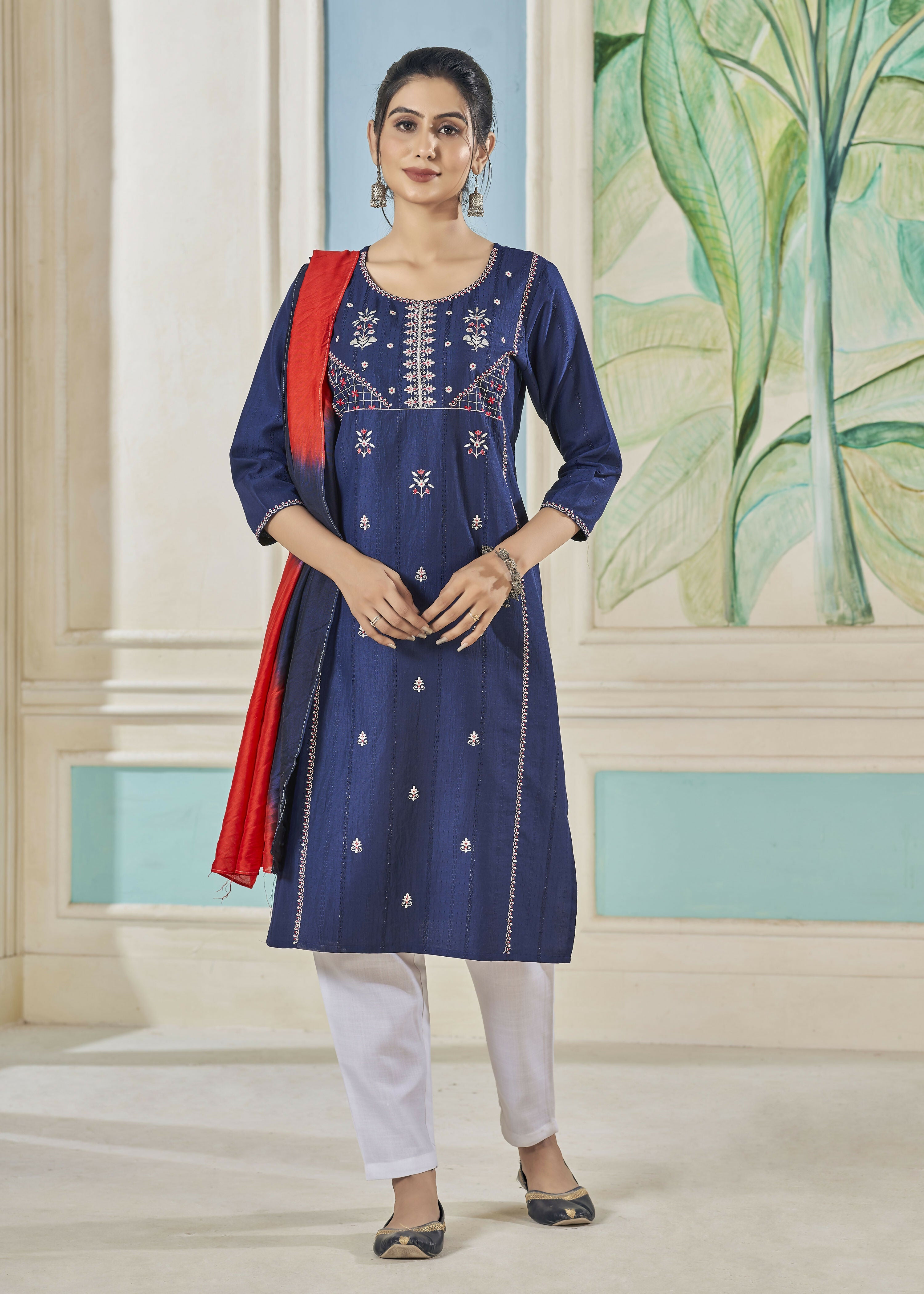 Blue pure viscose straight kurta with weaving stripes and embroidery details