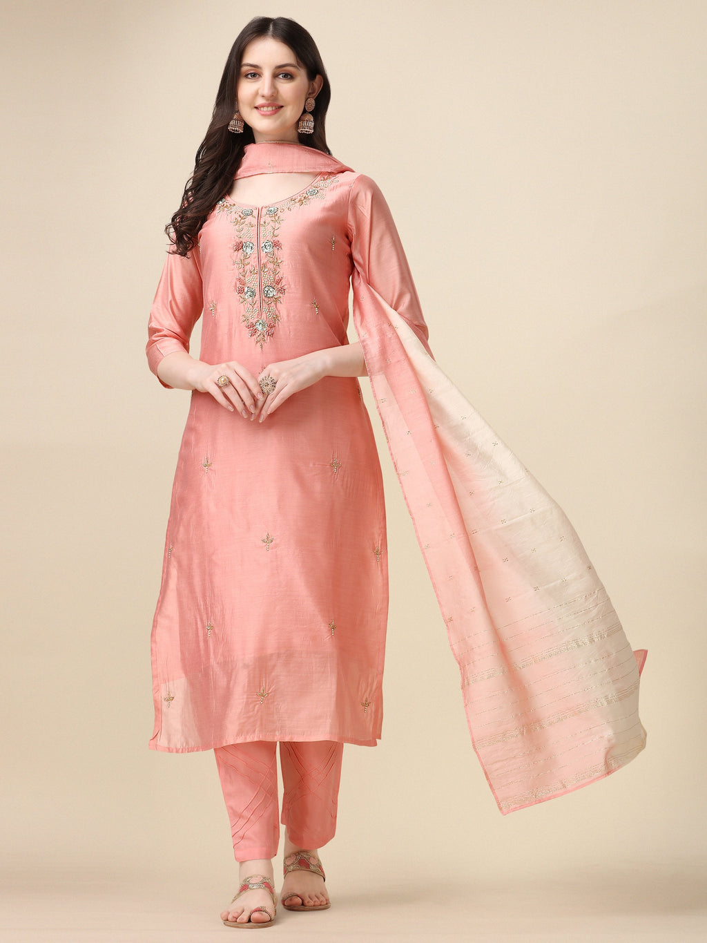 Multicolor embroidered rayon kurta set with pants and matching dupatta