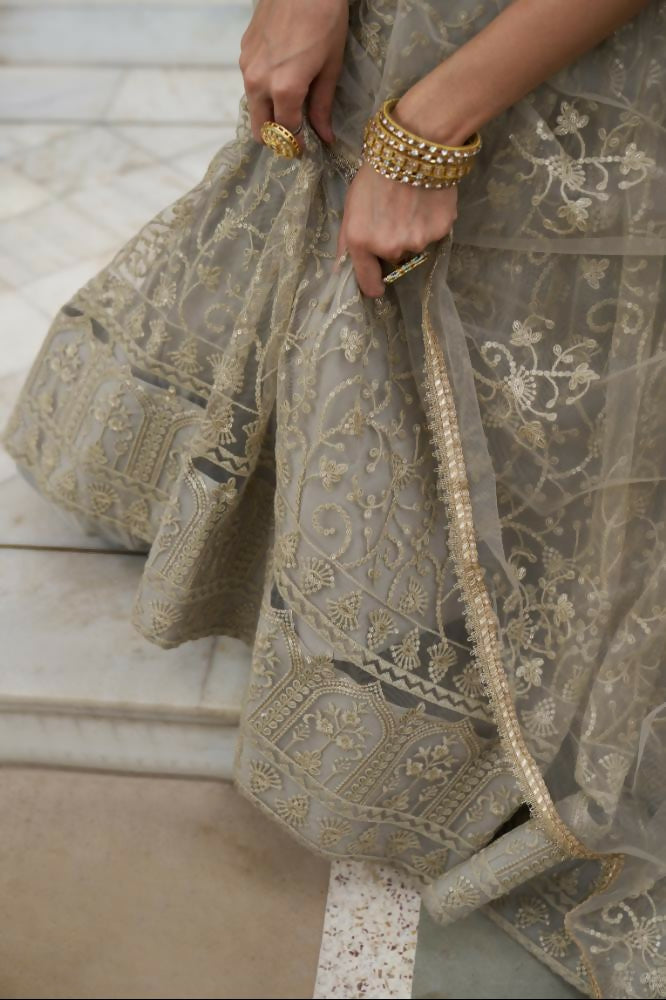 Ivory Butterfly Net Lehenga Choli with Tone-to-Tone Embroidery