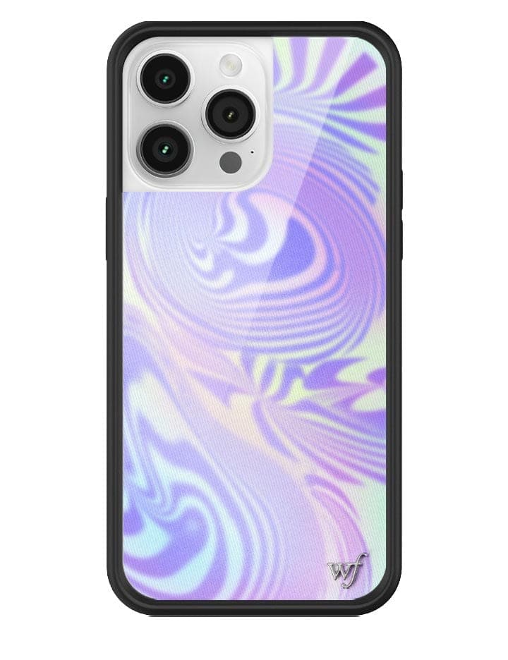 Energy iPhone case with purple and baby blue swirl design and black protective bumper