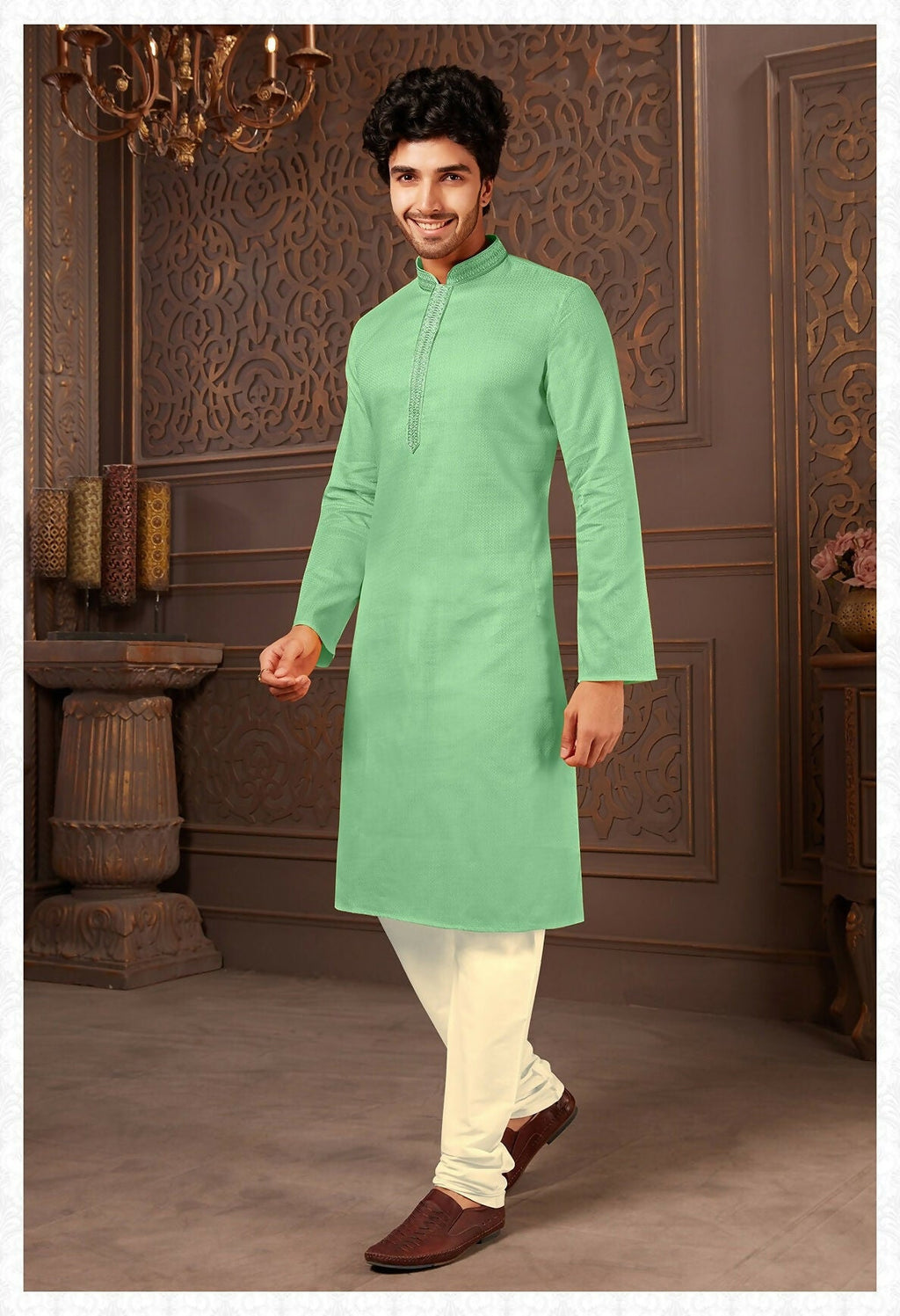 Baby boy wearing a C.Green cotton kurta with off-white art silk pyjama pants