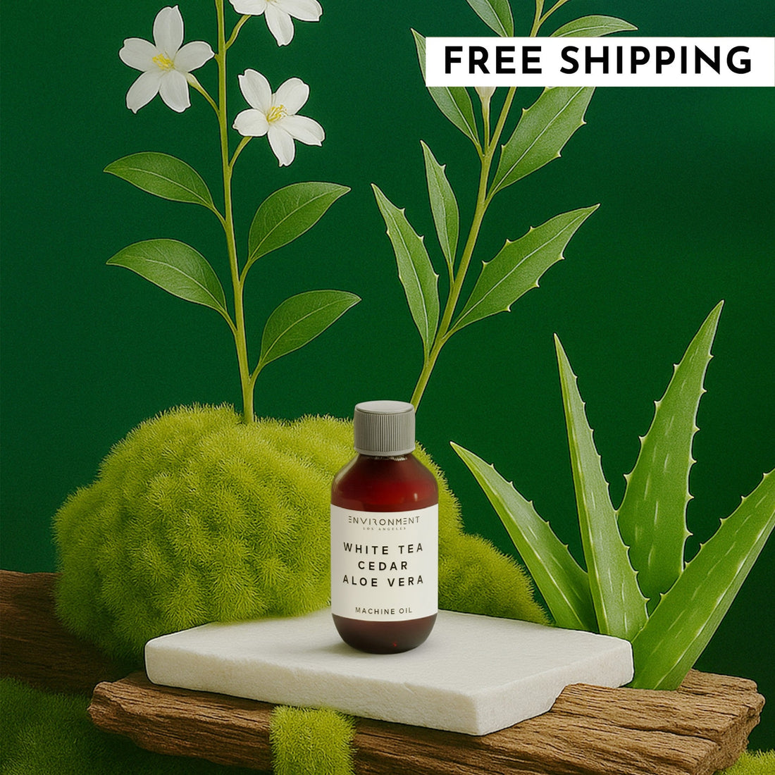 A 2oz bottle of White Tea, Cedar, and Aloe Vera machine diffusing oil displayed on a rustic wood block surrounded by natural elements.
