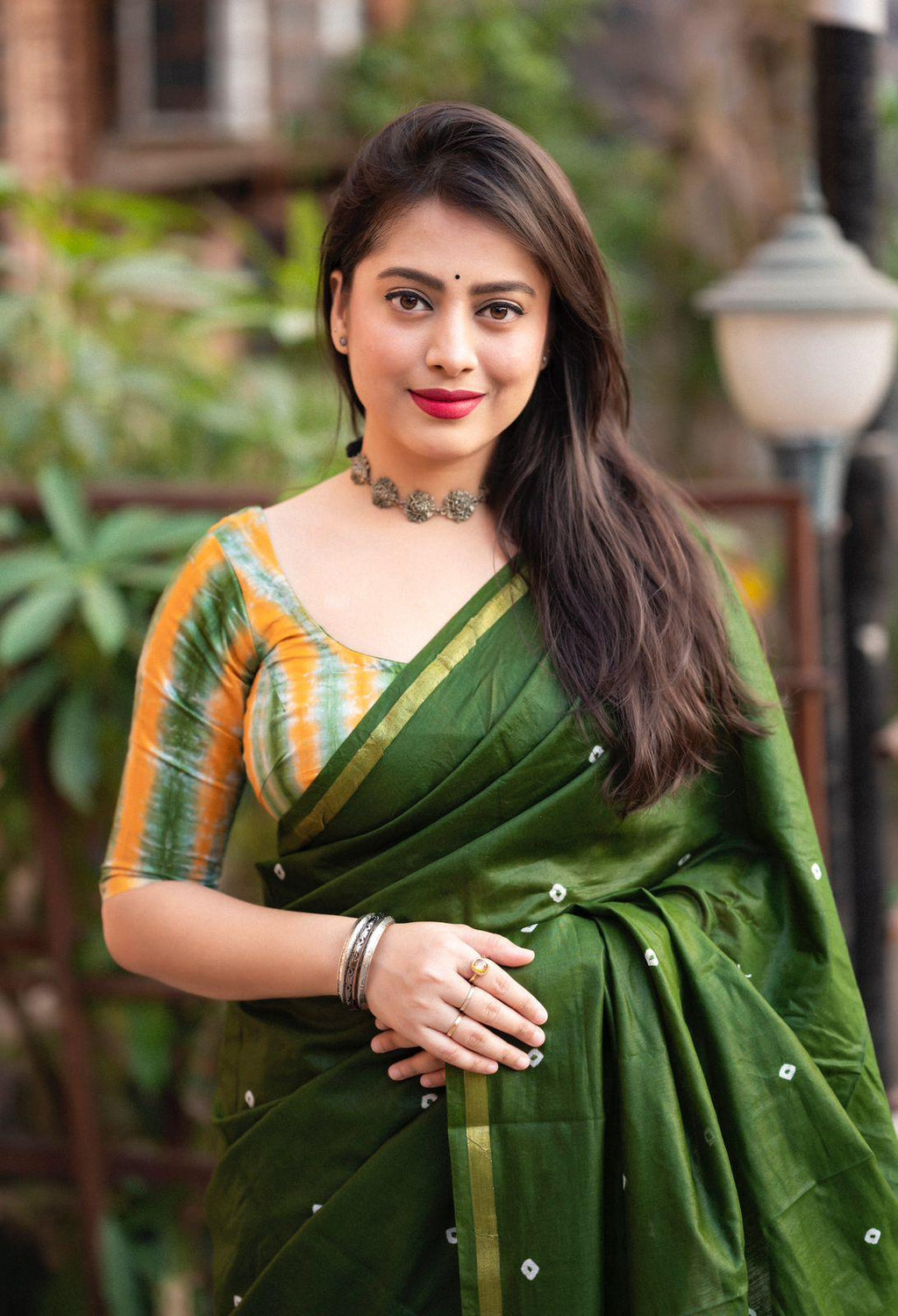 Mehndi Chanderi Cotton Block Print Saree with Unstitched Blouse