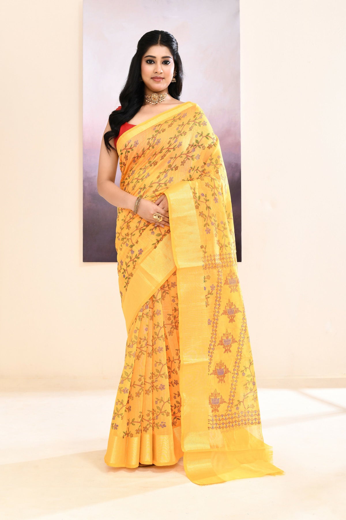 Yellow Printed Cotton Blend Saree with Embellished Details