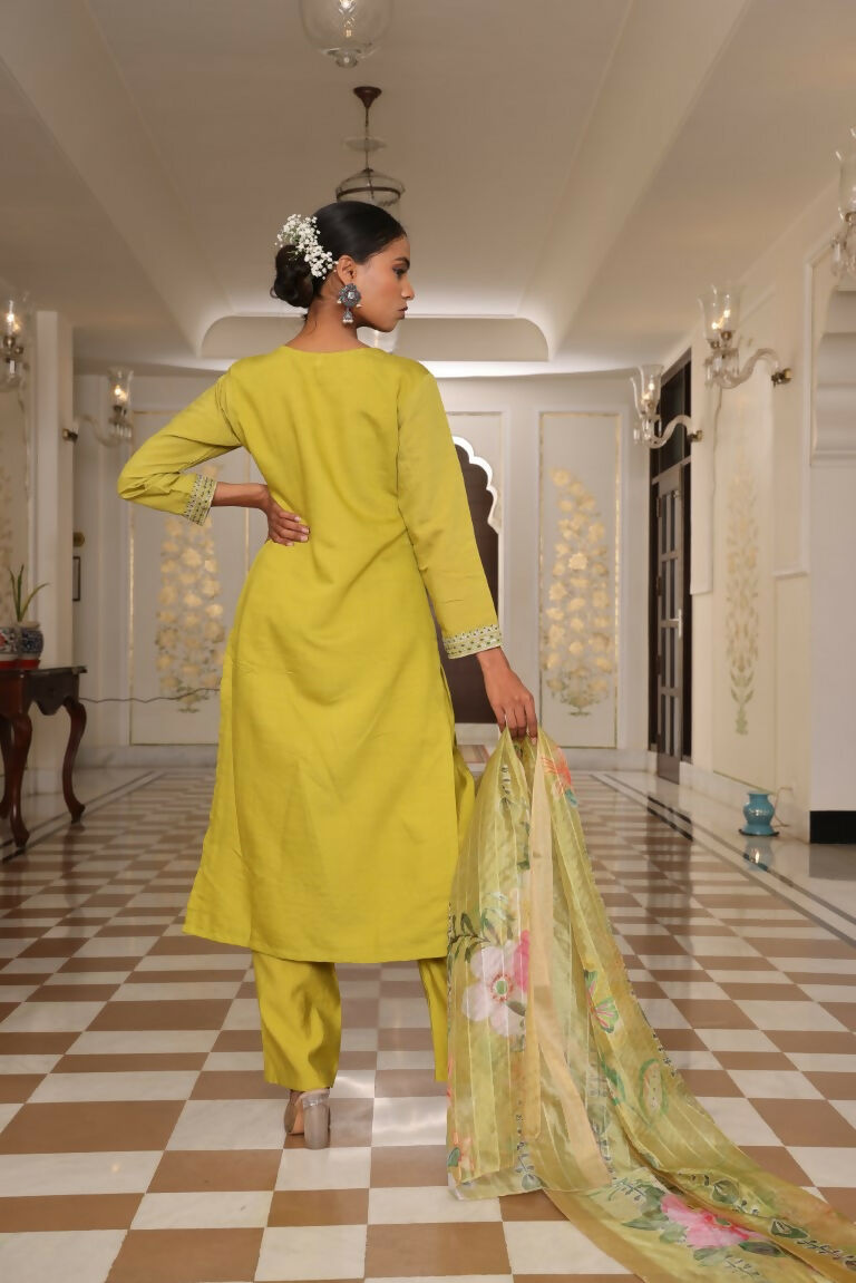 Women's Light Yellow Cotton Silk Floral Print Embroidered Kurta Set