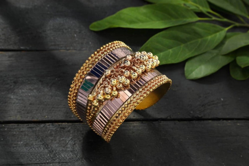 Gold-Polished Oxidised Mirror and Ghungroo Openable Cuff Bracelet