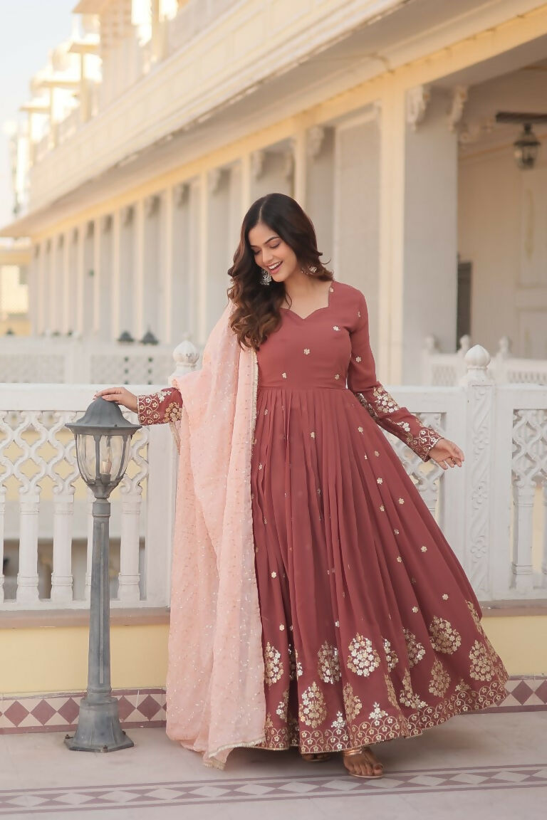 Brown Faux Georgette Sequins Thread Embroidery Anarkali Dress