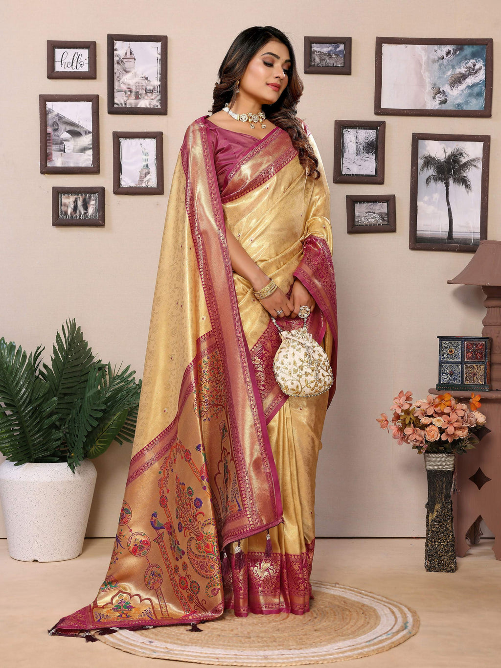 Cream Tissue Silk Saree with Traditional Weaving Details
