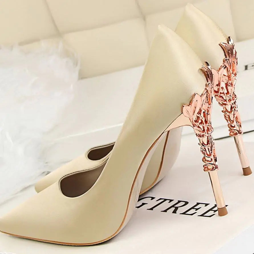 Women's White Satin Pointed High Heels - Elegant