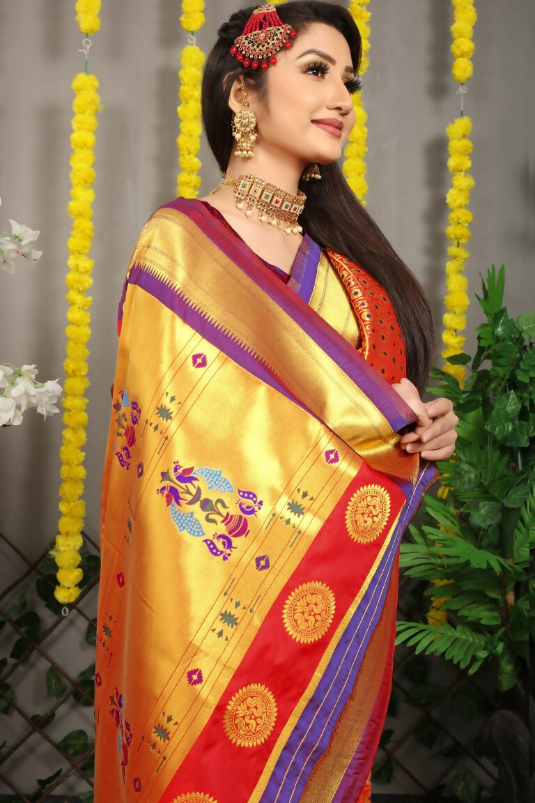 Maroon Banarasi Silk Saree with Zari Weave and Purple Blouse
