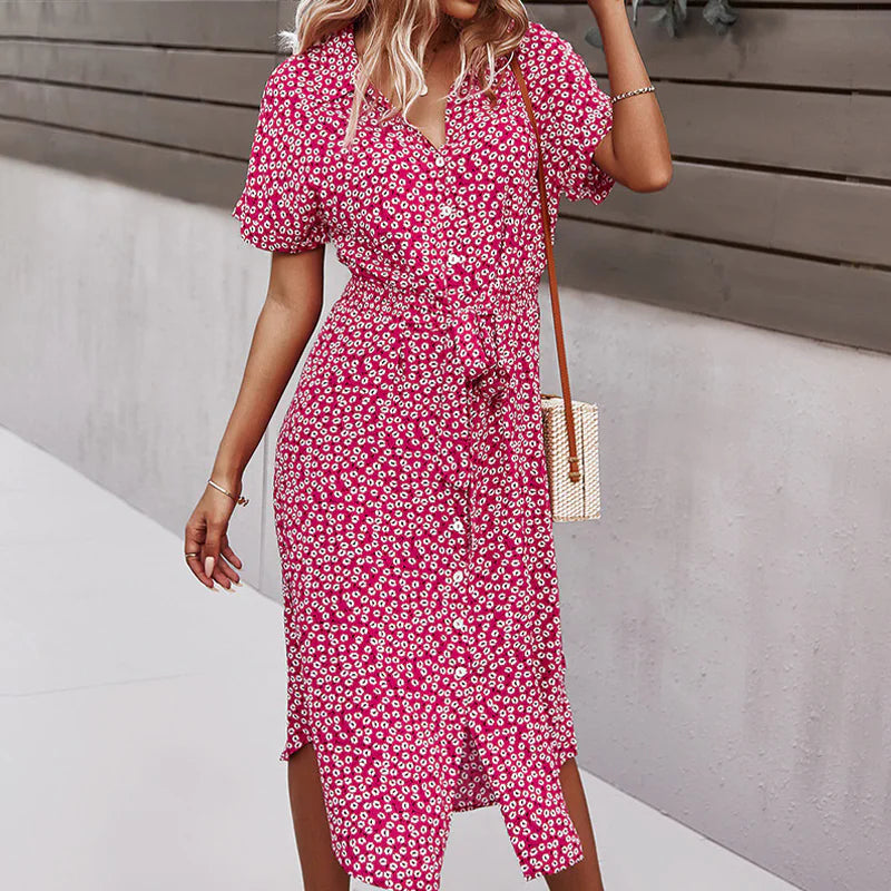 Women's Floral Midi Dress with V Neck and Tie Waist - Image 13