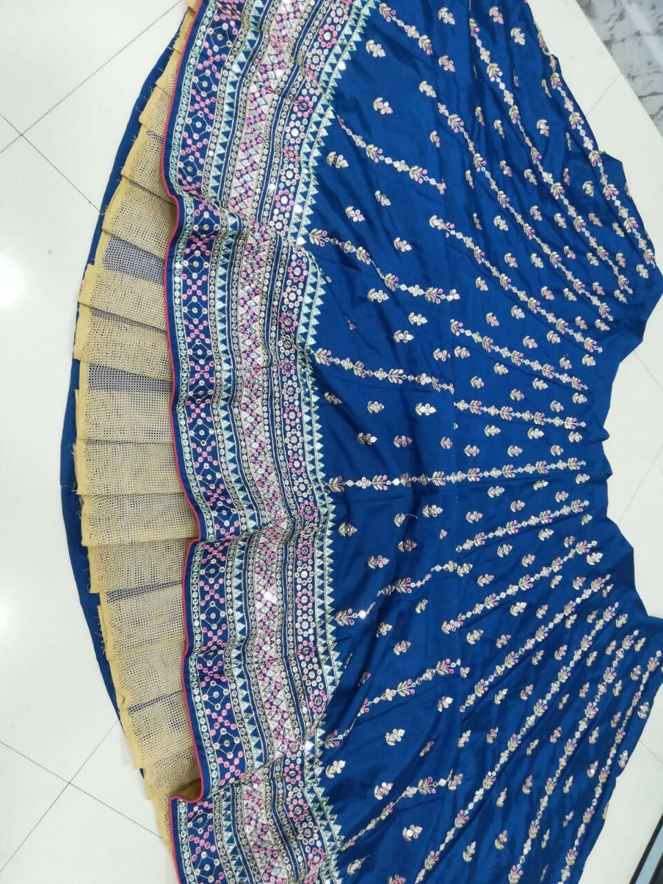 Blue Chinon Lehenga Choli with Sequins Zari Thread Embroidery