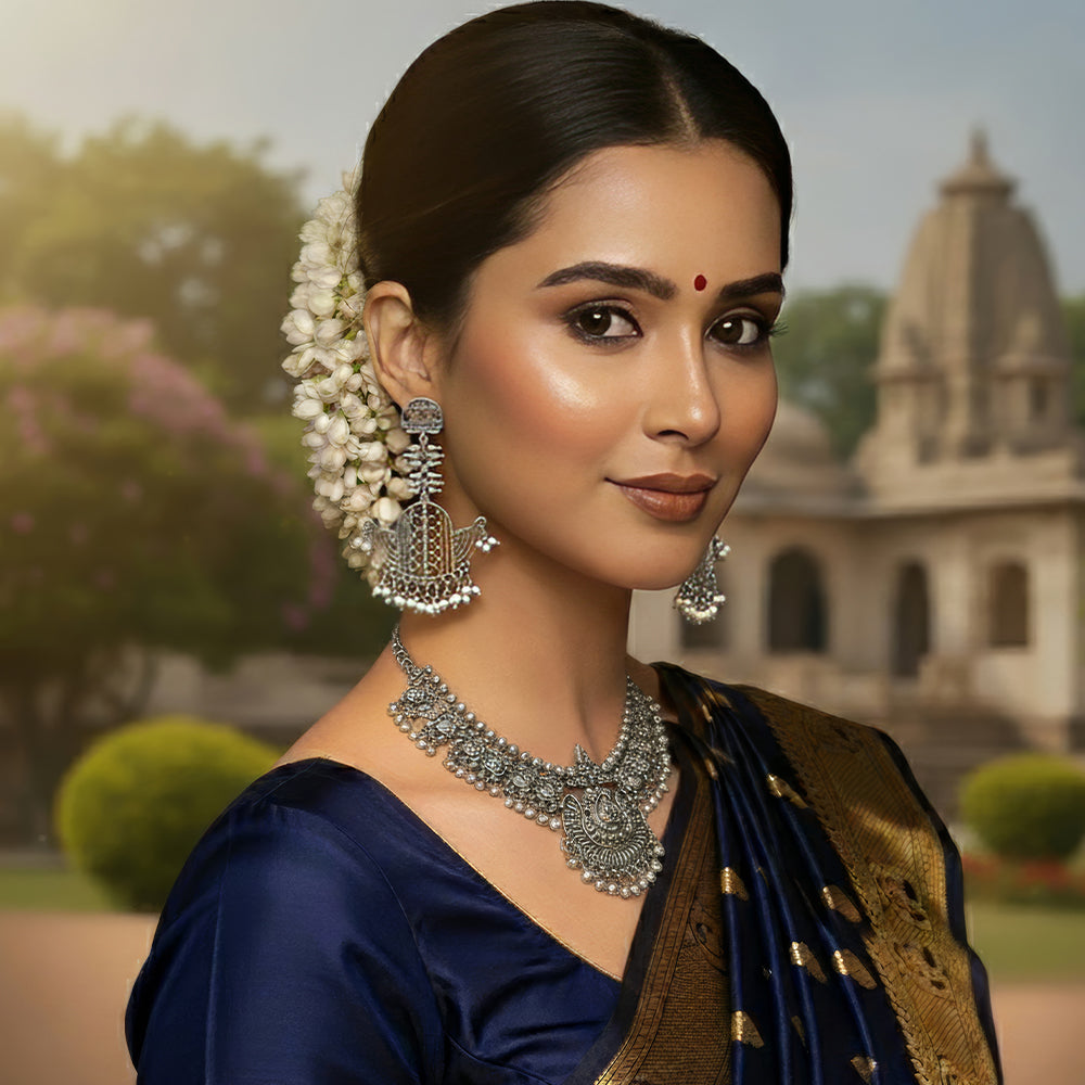 Long Oxidized Silver Designer Earrings for Girls Ethnic Wear