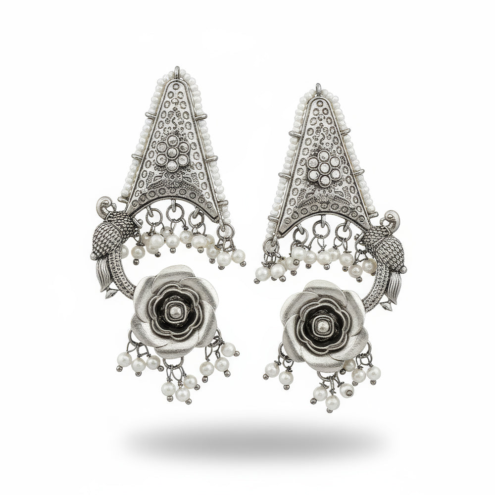 Oxidized Silver Flower Jhumka Earrings for Traditional Ethnic Wear