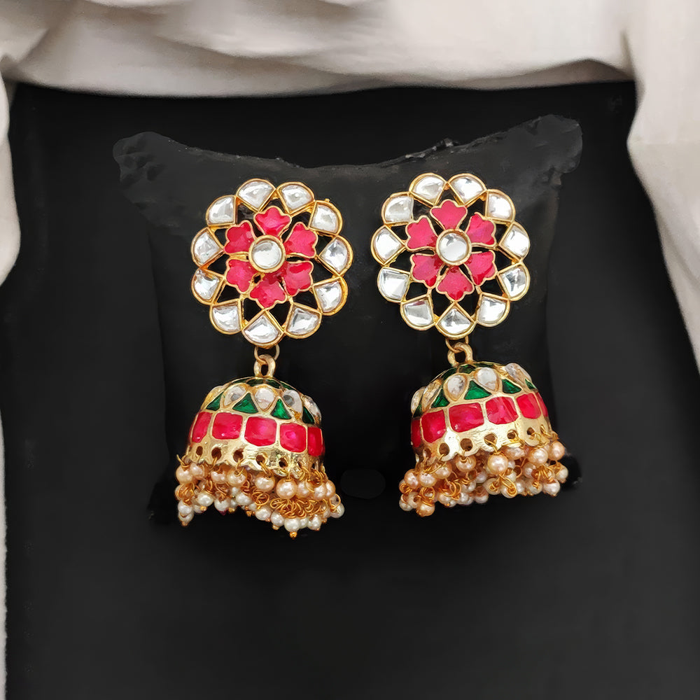 High gold Meenakari jhumka earrings with pearls for ethnic traditional wear