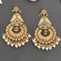 Long Rajwadi antique style earrings in gold, red, and white for ethnic bridal wear.