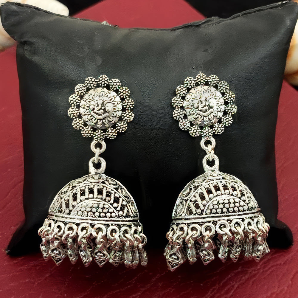 Designer oxidised silver earrings featuring full stone embellishments.