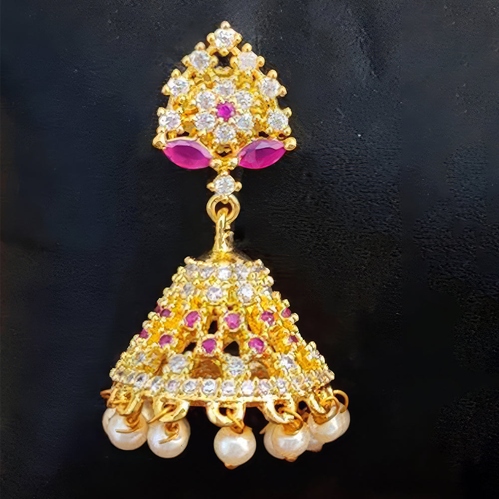 Short Jhumka Earrings with American Diamond Stones in Gold White Pink