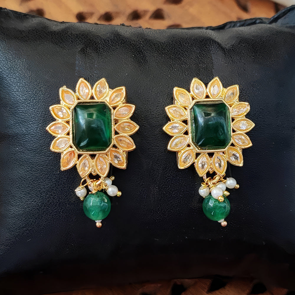 Antique gold-plated earrings with emerald green and white stones for ethnic wear