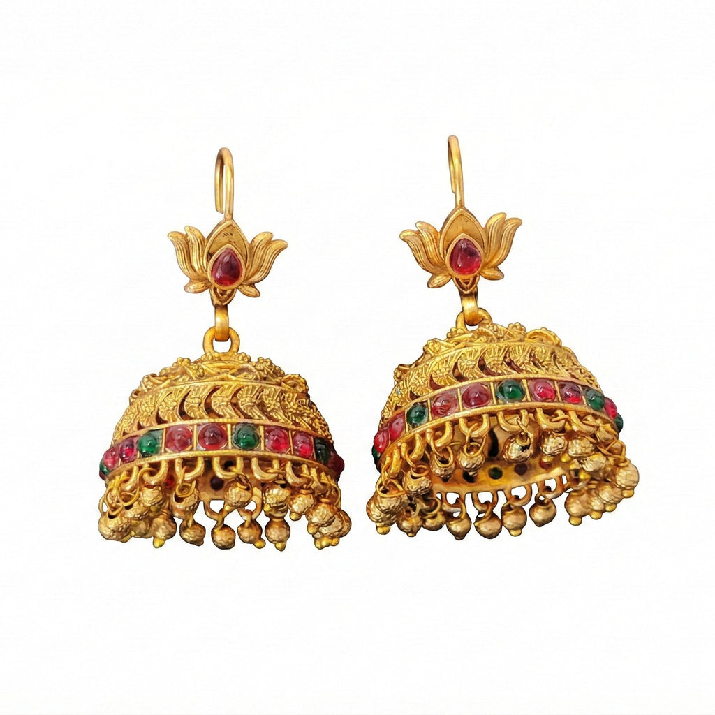 Antique Rajwadi Lotus Top Designer Jhumka Earrings with gold polish and intricate temple-style detail.