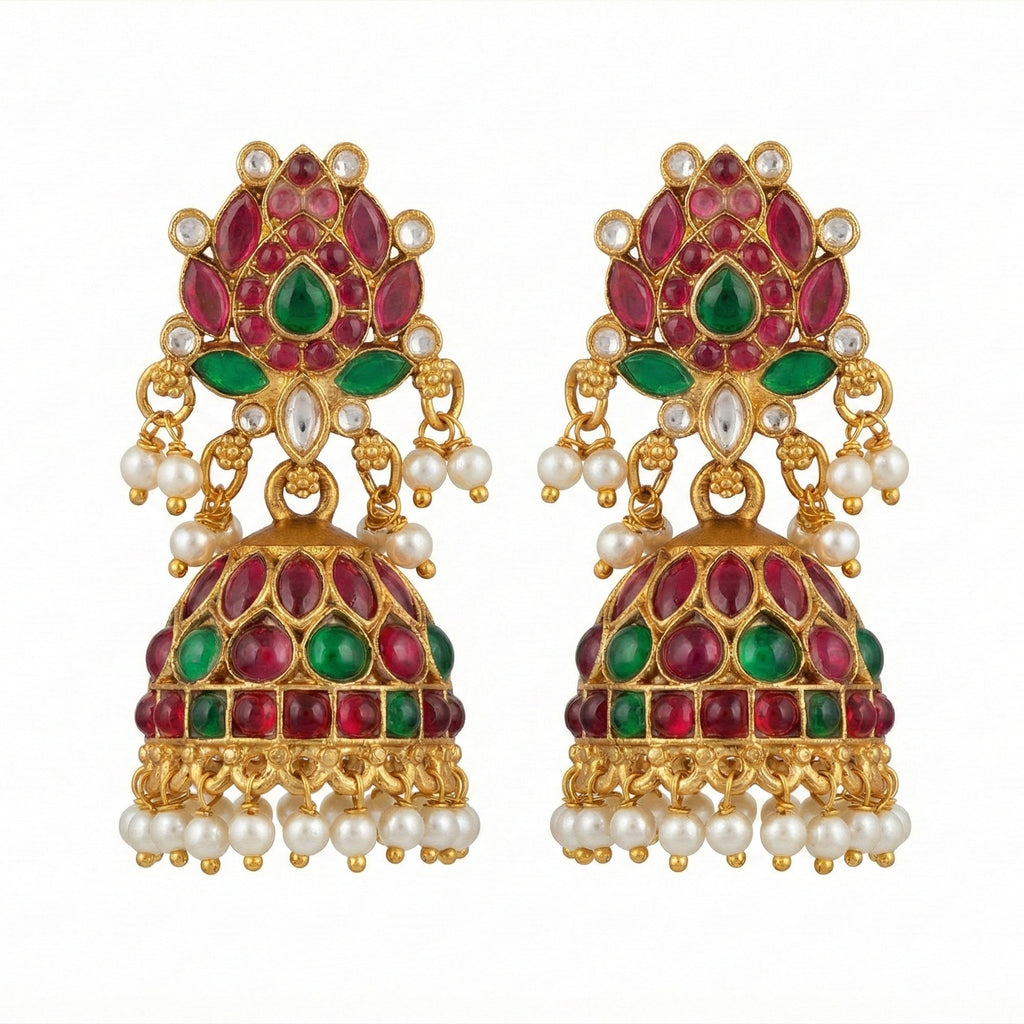 Traditional Rajwadi lotus-design jhumka earrings with antique polish