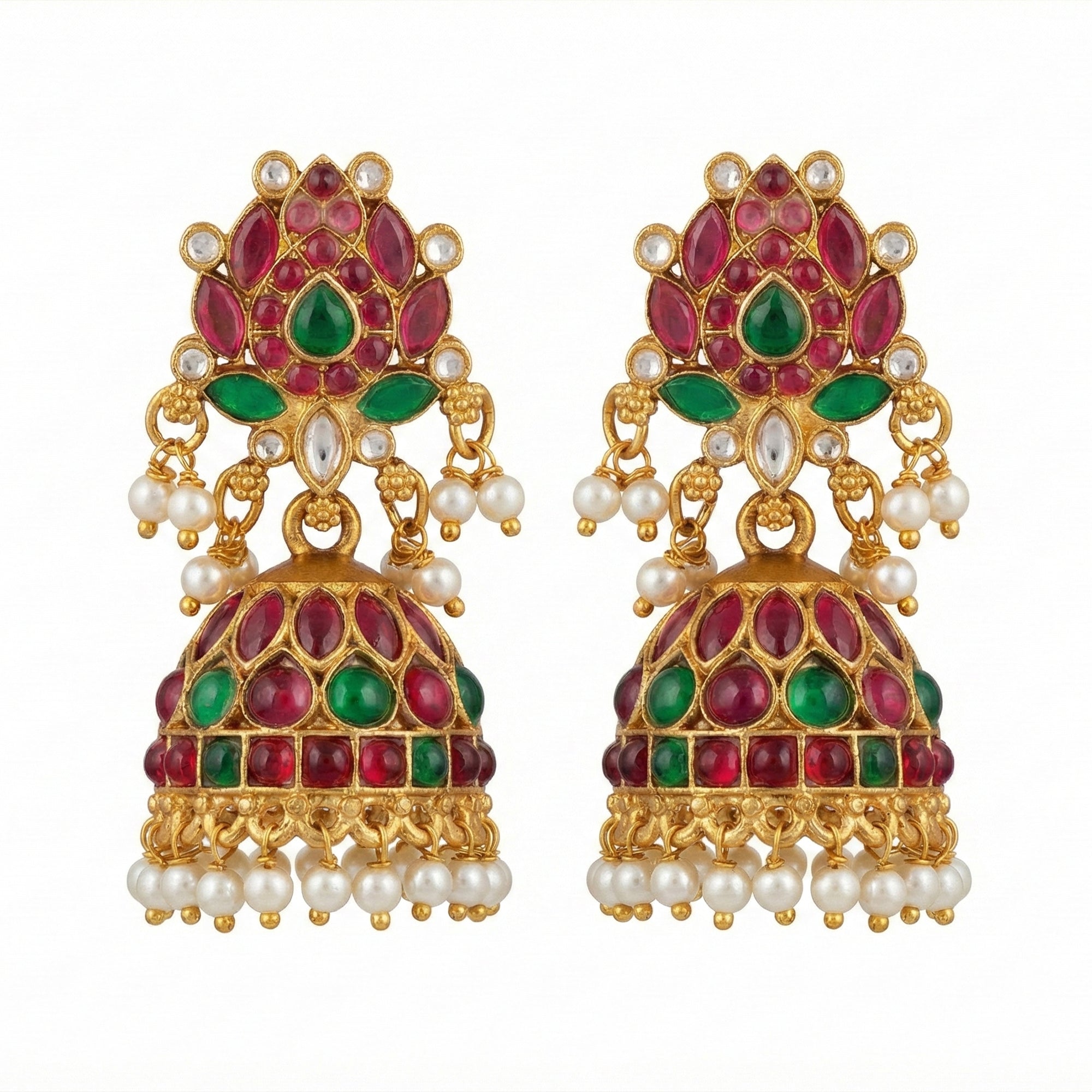 Traditional Rajwadi lotus-design jhumka earrings with antique polish