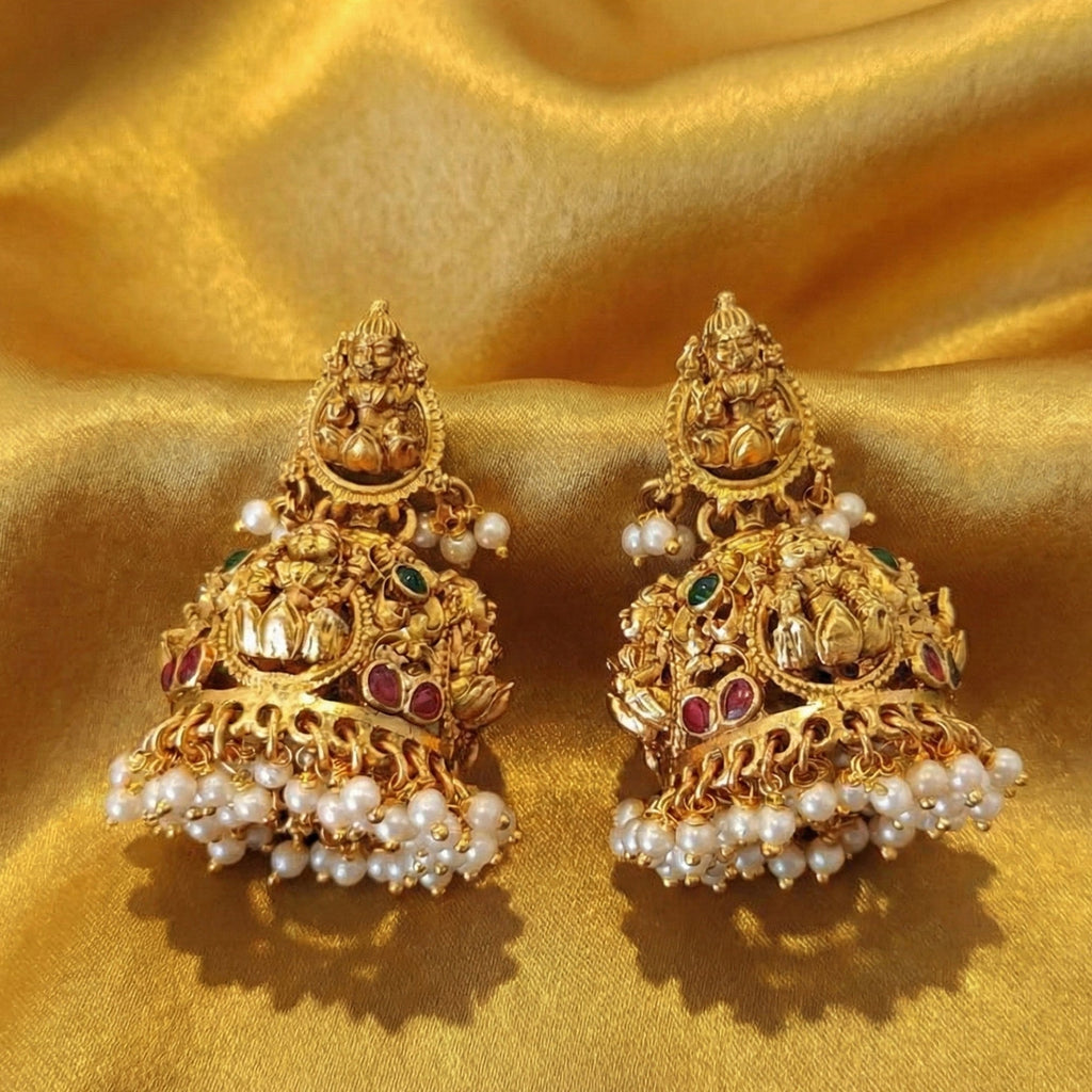 Antique Rajwadi Temple Jhumka Earrings with Pearl Drops for Women