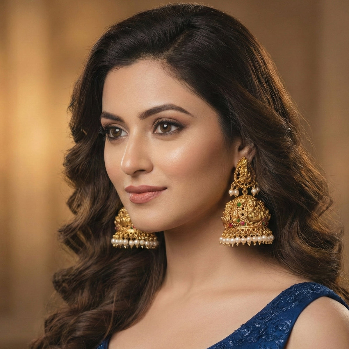 Antique Rajwadi Temple Jhumka earrings with traditional polish and delicate pearl drop accents.