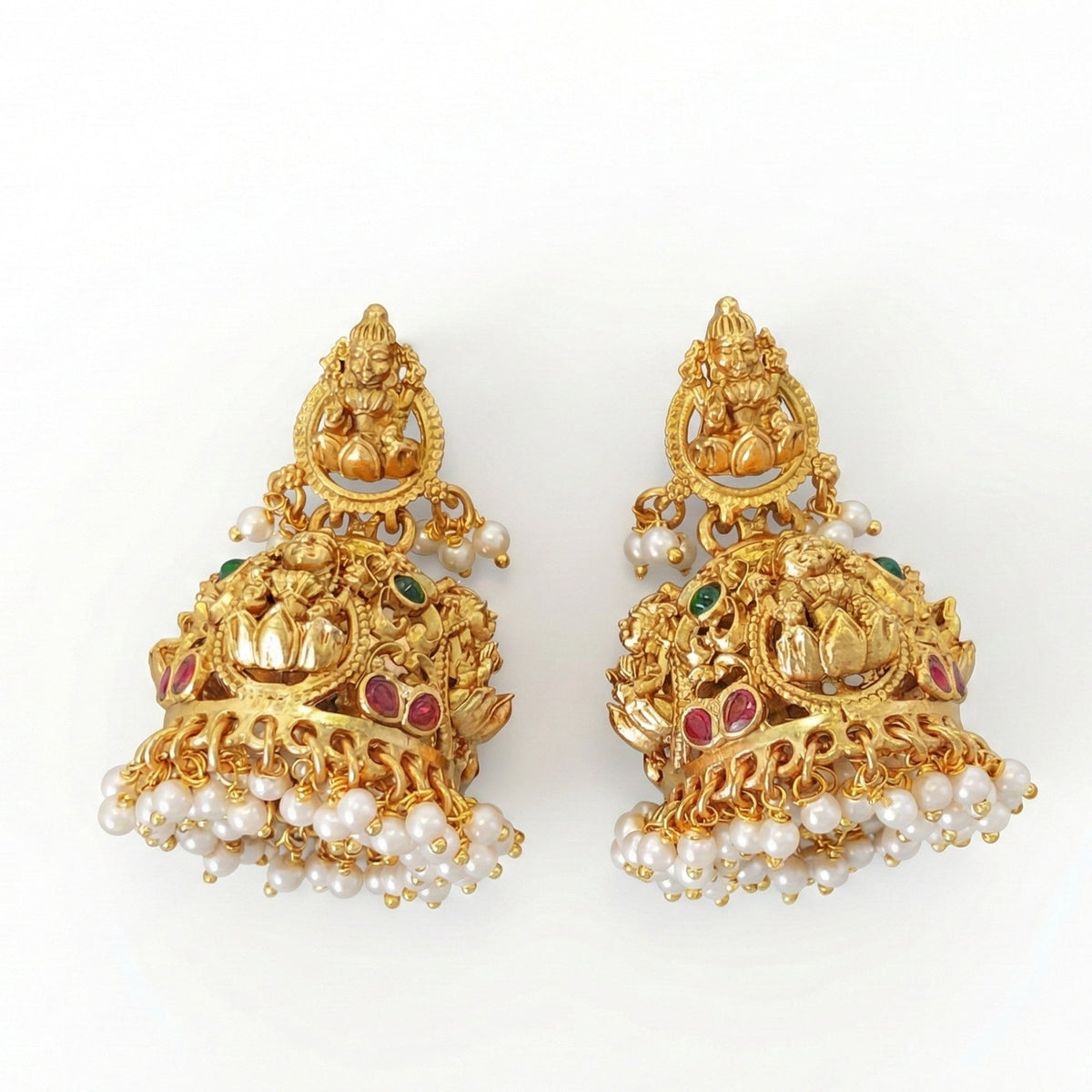 Antique Rajwadi Temple Jhumka Earrings with Pearl Drops for Women