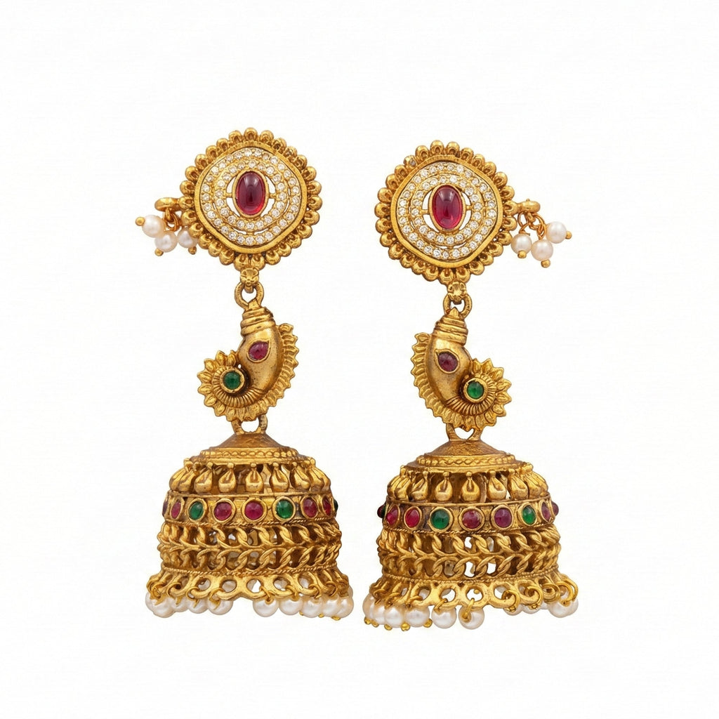 Temple designer gold-plated jhumka earrings with elegant clustered pearl drops