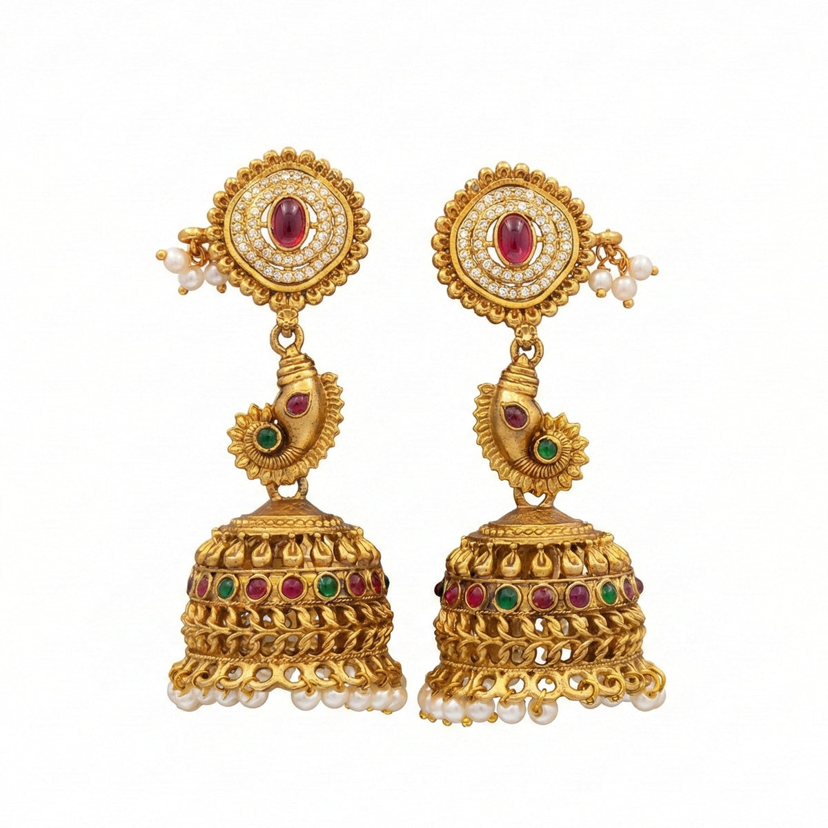 Temple designer gold-plated jhumka earrings with elegant clustered pearl drops