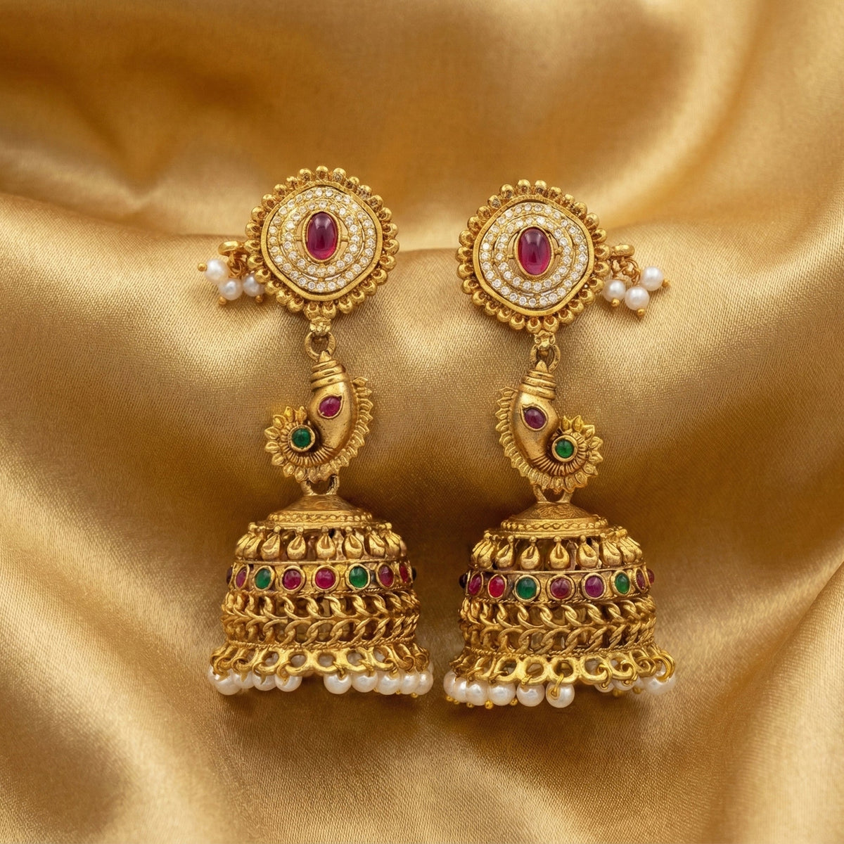 Temple Designer Jhumka Earrings with Clustered Pearls