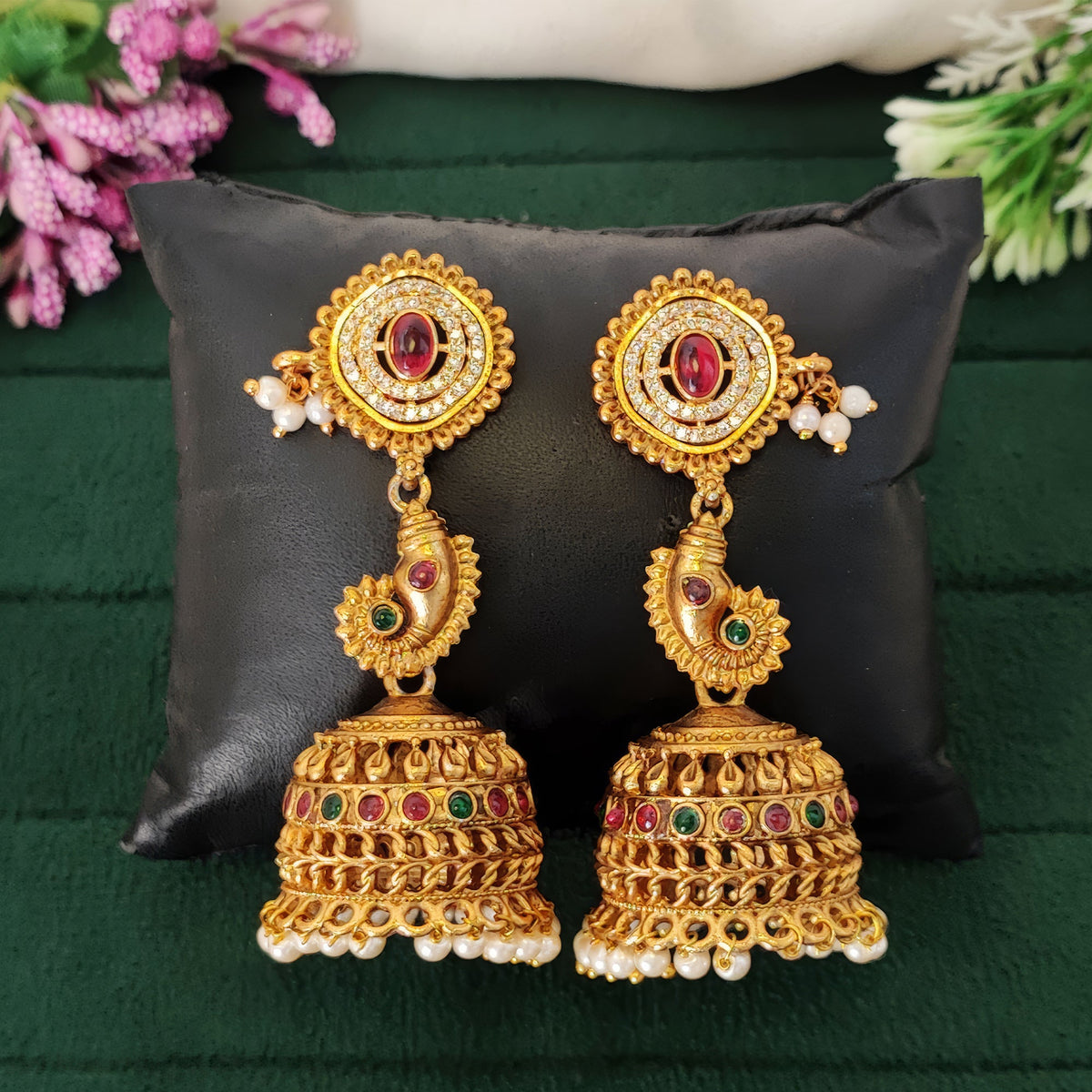 Temple Designer Jhumka Earrings with Clustered Pearls