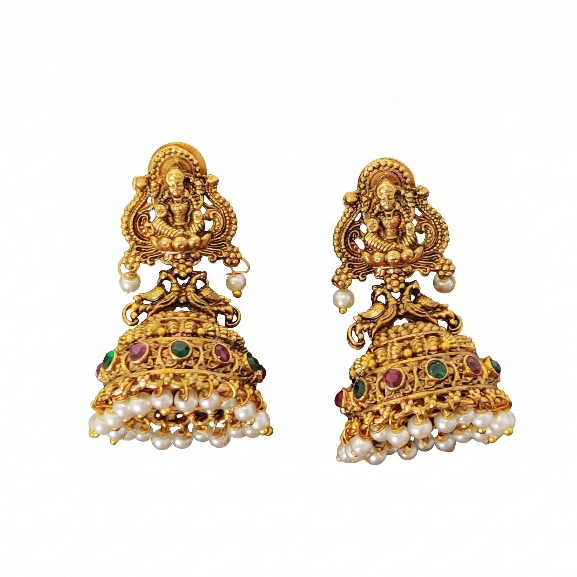 Close-up of traditional Lakshmi motif temple jhumka earrings for children