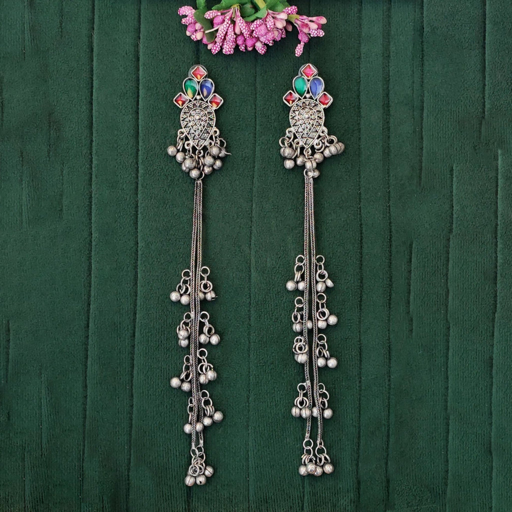 Oxidized Silver Long Jhumka Earrings with Ghungroo for Girls