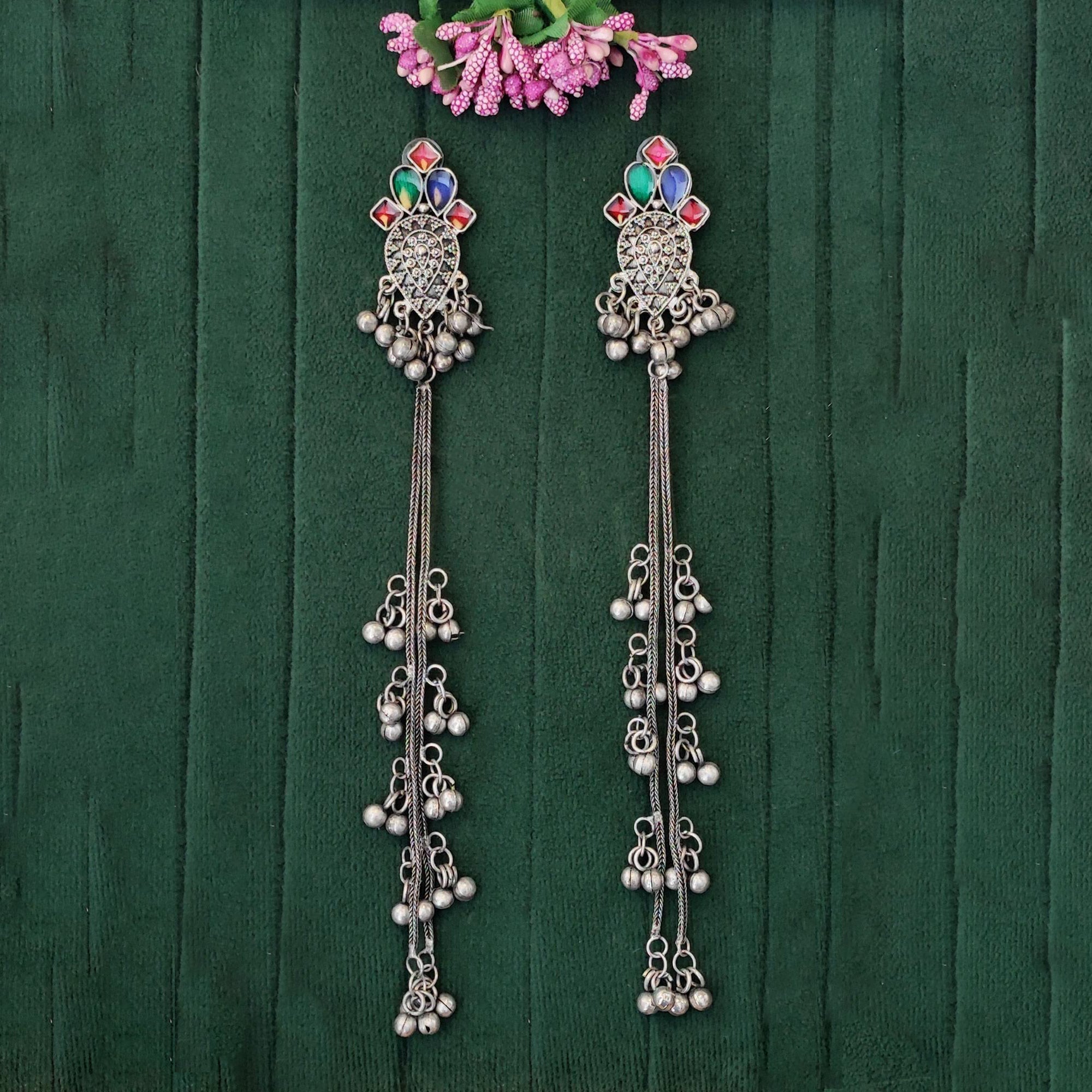 Oxidized Silver Long Jhumka Earrings with Ghungroo for Girls