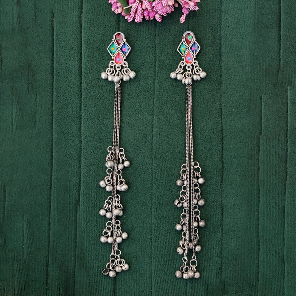 Tribal Oxidized Long Dangler Earrings with Multicolor Stones